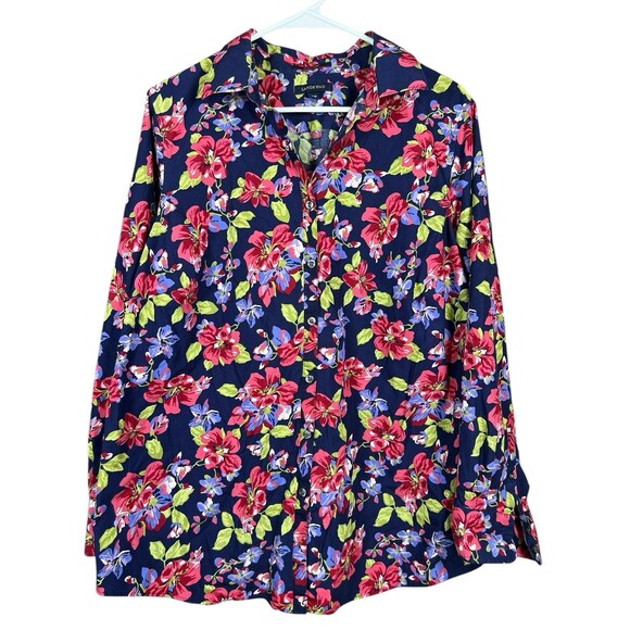 Lands End Blue Floral No-Iron Supima Cotton Button Up Shirt Size 18W - Picture 1 of 15